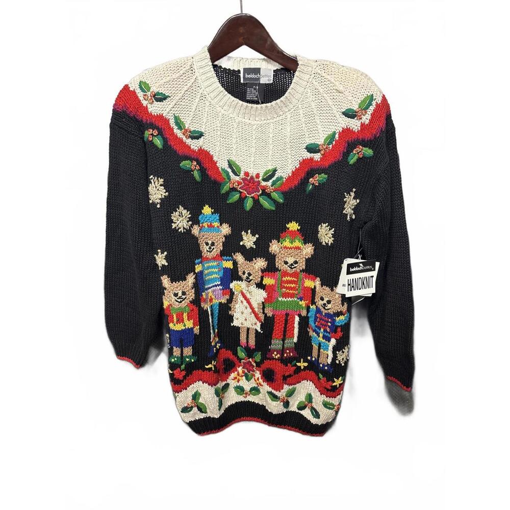Vintage RARE New Beldock Petites Handknit Nutcracker Bear Sweater Small Women's